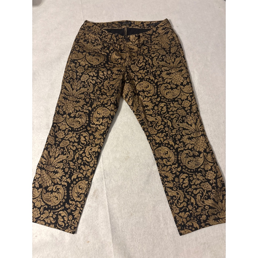 Seven7 Luxe Skinny Pants Womens 16 Black Gold Metallic Damask Floral Baroque‎